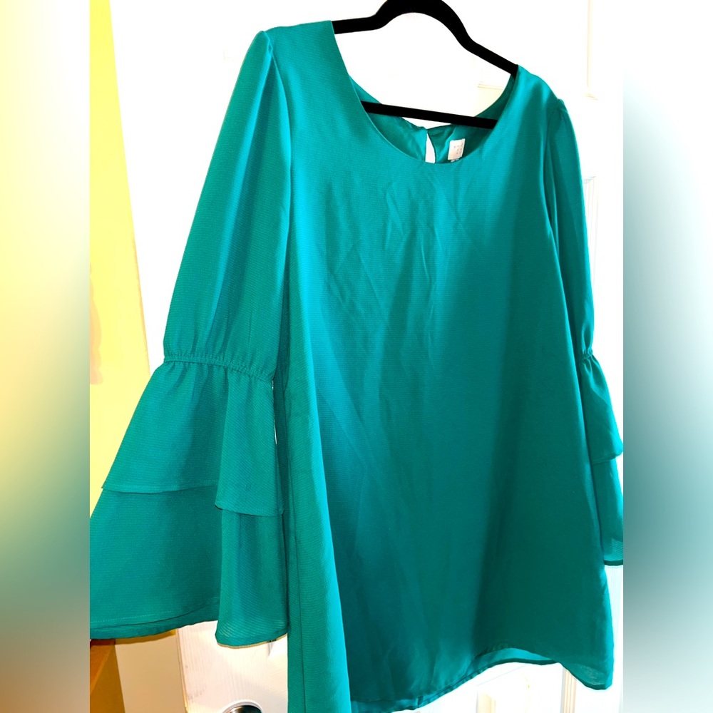 Green Ruffled, Bell Sleeve Dress